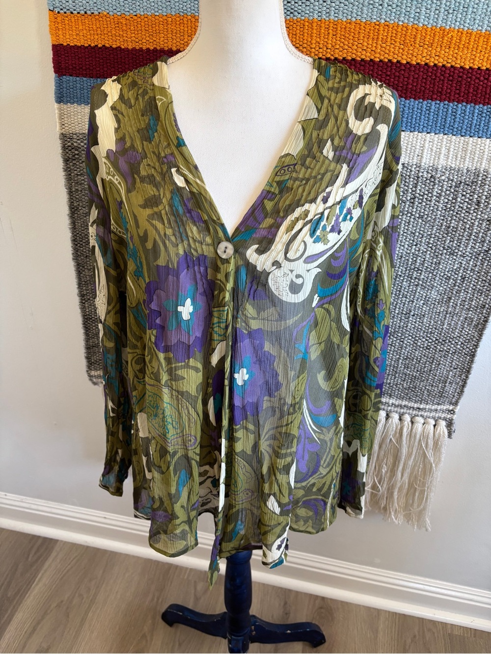 Chico's Olive Floral V-Neck Button Front Silk Blouse